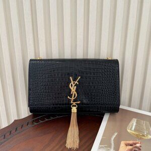 Yves Saint Laurent Black Kate Crocodile Pattern Tassel Bag